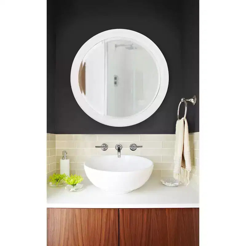 Miroir biseauté rond 36" avec cadre en bois blanc mat