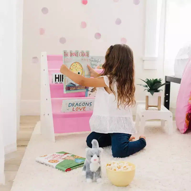 Étagère à livres pour enfants en cuir végétalien - Bois blanc, rose clair/rose foncé, 4 étagères, 3-10 ans