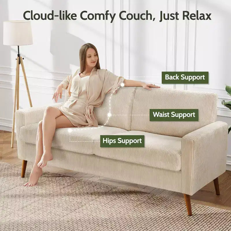 Causeuse en velours côtelé de style moderne du milieu du siècle de 173 cm avec coussin à ressorts