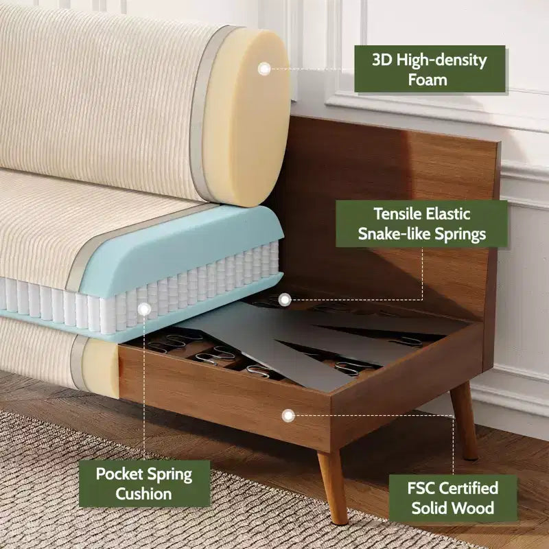Causeuse en velours côtelé de style moderne du milieu du siècle de 173 cm avec coussin à ressorts