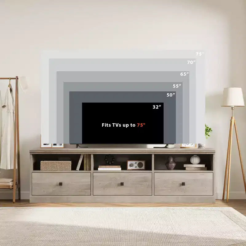Meuble TV de 70 po de style moderne du milieu du siècle avec tiroir de rangement et étagères ouvertes