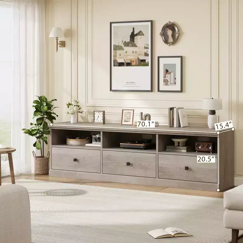 Meuble TV de 70 po de style moderne du milieu du siècle avec tiroir de rangement et étagères ouvertes