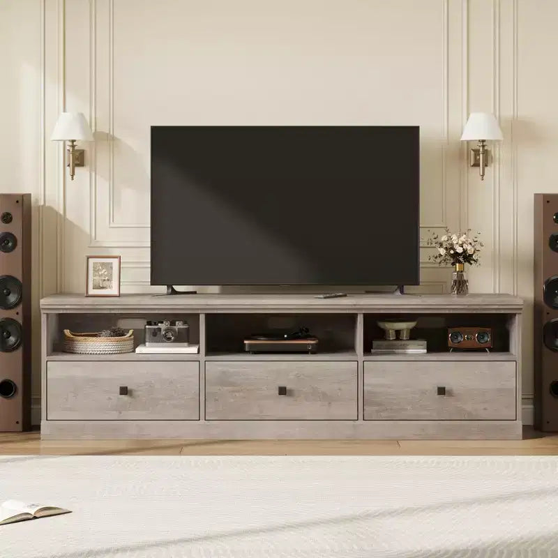 Meuble TV de 70 po de style moderne du milieu du siècle avec tiroir de rangement et étagères ouvertes