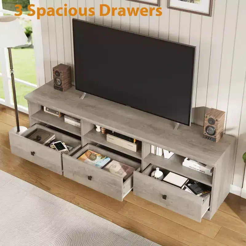 Meuble TV de 70 po de style moderne du milieu du siècle avec tiroir de rangement et étagères ouvertes