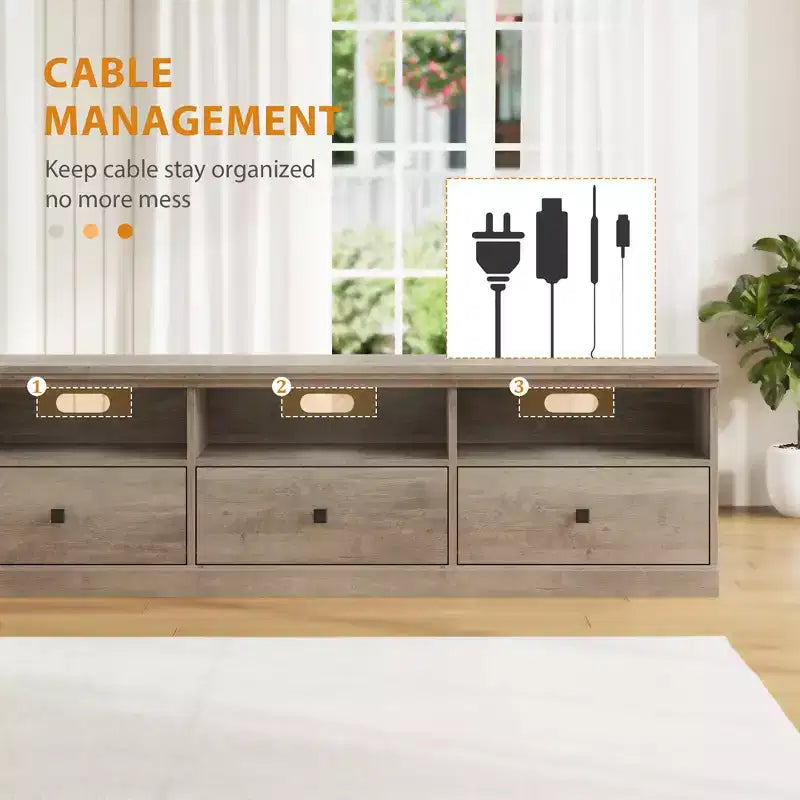 Meuble TV de 70 po de style moderne du milieu du siècle avec tiroir de rangement et étagères ouvertes