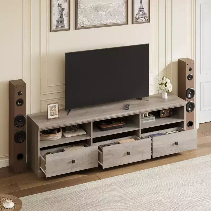 Meuble TV de 70 po de style moderne du milieu du siècle avec tiroir de rangement et étagères ouvertes