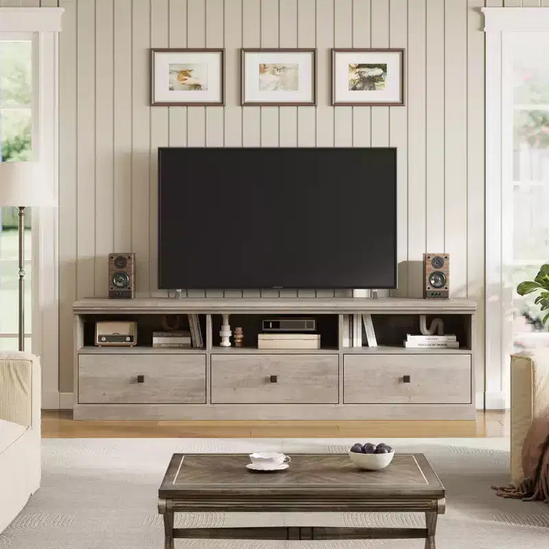 Meuble TV de 70 po de style moderne du milieu du siècle avec tiroir de rangement et étagères ouvertes