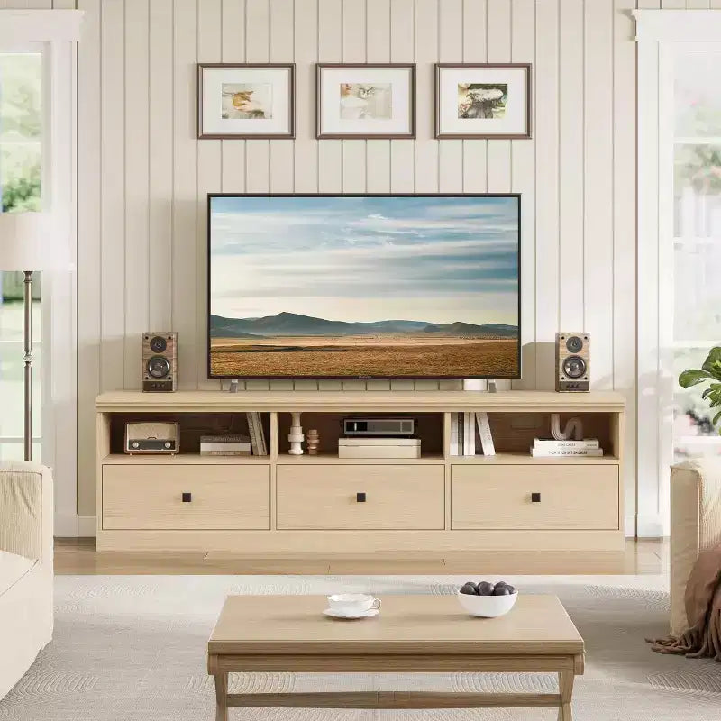 Meuble TV de 70 po de style moderne du milieu du siècle avec tiroir de rangement et étagères ouvertes