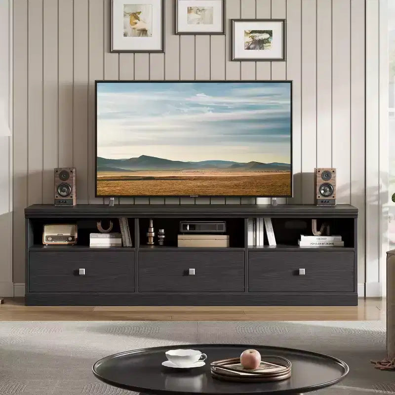 Meuble TV de 70 po de style moderne du milieu du siècle avec tiroir de rangement et étagères ouvertes