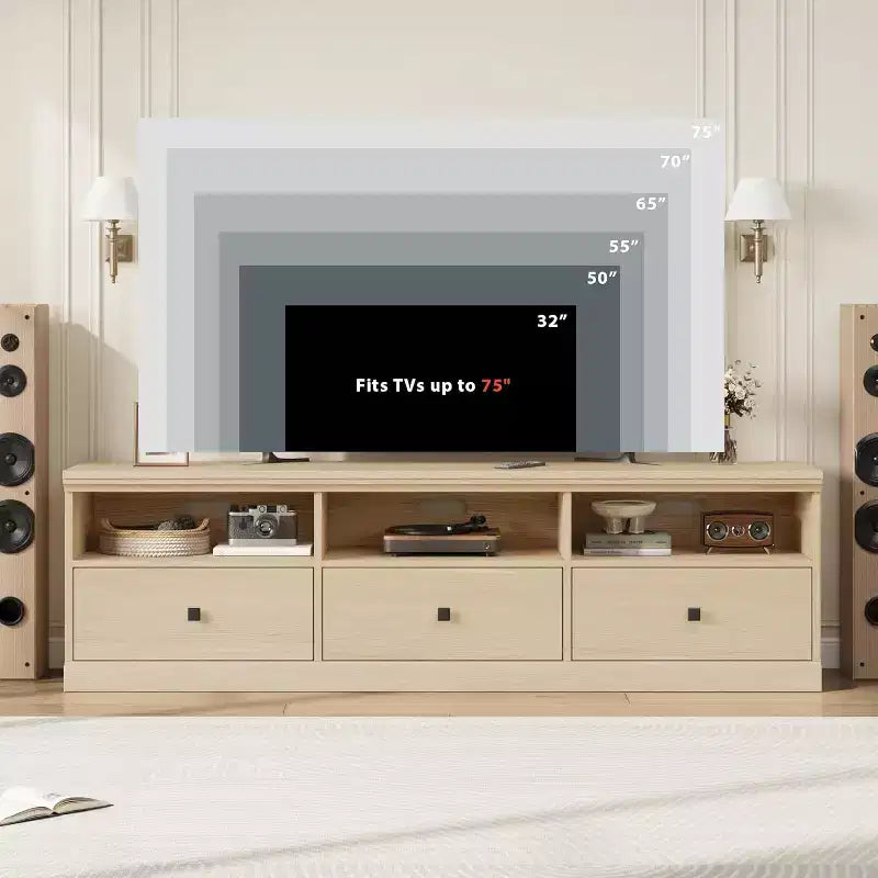 Meuble TV de 70 po de style moderne du milieu du siècle avec tiroir de rangement et étagères ouvertes