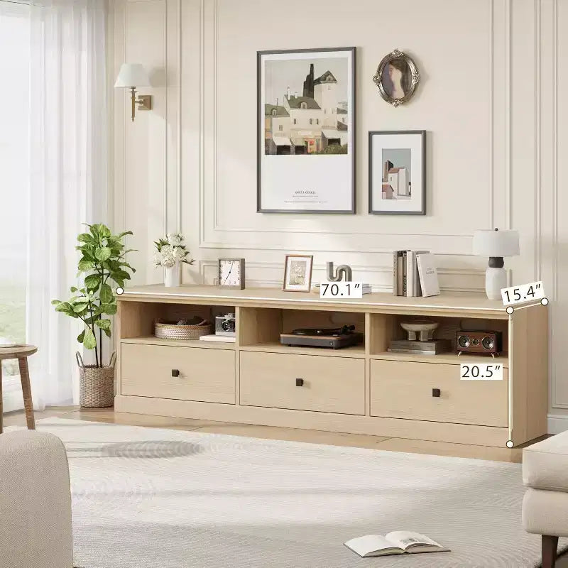 Meuble TV de 70 po de style moderne du milieu du siècle avec tiroir de rangement et étagères ouvertes