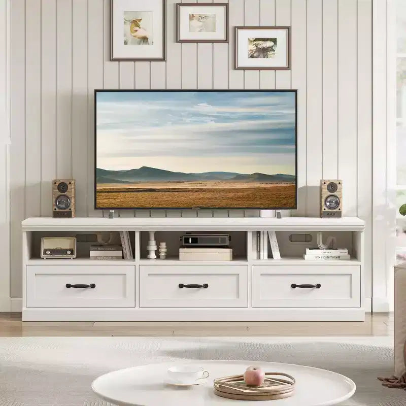Meuble TV de 70 po de style moderne du milieu du siècle avec tiroir de rangement et étagères ouvertes