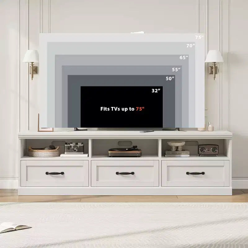 Meuble TV de 70 po de style moderne du milieu du siècle avec tiroir de rangement et étagères ouvertes