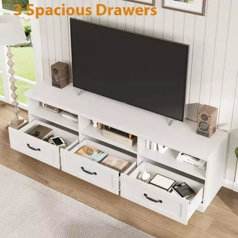 Meuble TV de 70 po de style moderne du milieu du siècle avec tiroir de rangement et étagères ouvertes