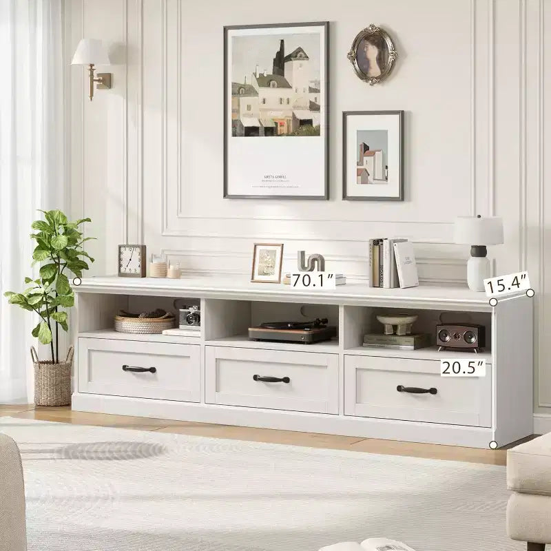 Meuble TV de 70 po de style moderne du milieu du siècle avec tiroir de rangement et étagères ouvertes