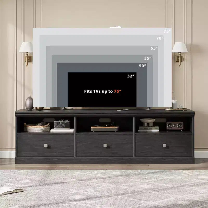 Meuble TV de 70 po de style moderne du milieu du siècle avec tiroir de rangement et étagères ouvertes