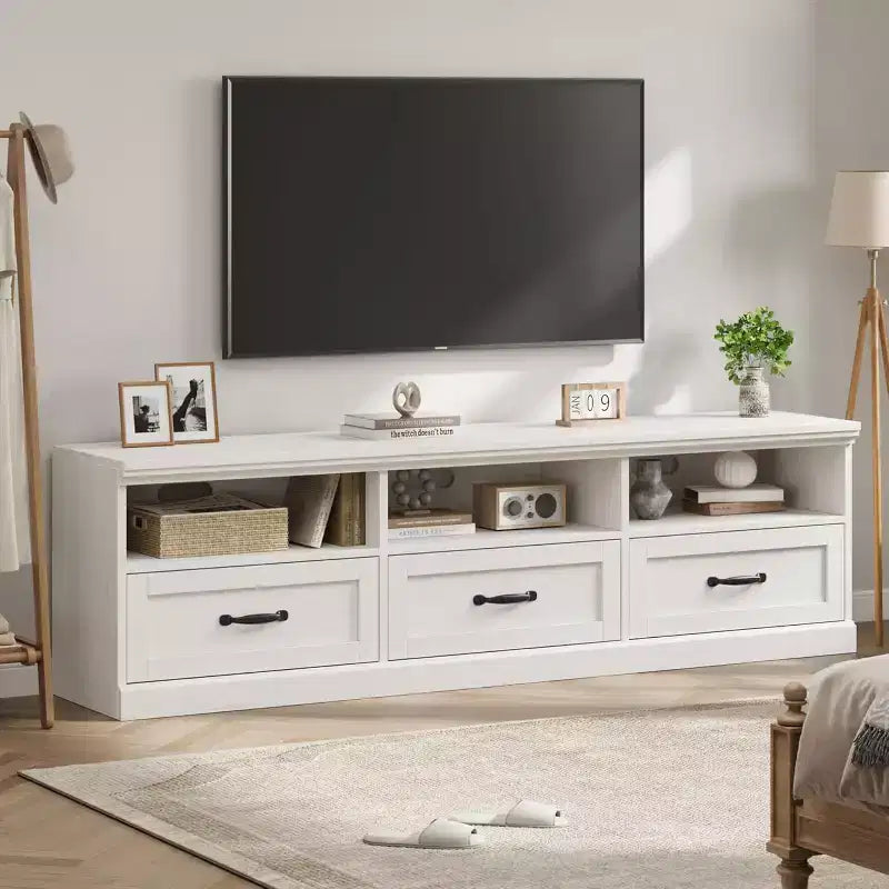 Meuble TV de 70 po de style moderne du milieu du siècle avec tiroir de rangement et étagères ouvertes