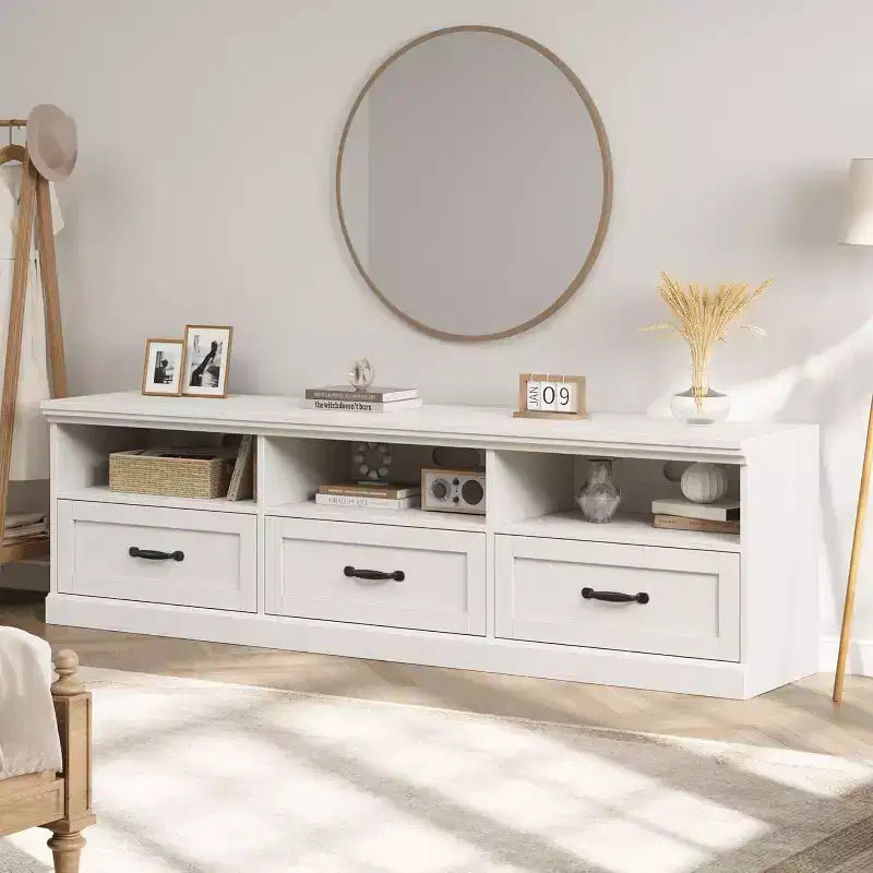 Meuble TV de 70 po de style moderne du milieu du siècle avec tiroir de rangement et étagères ouvertes