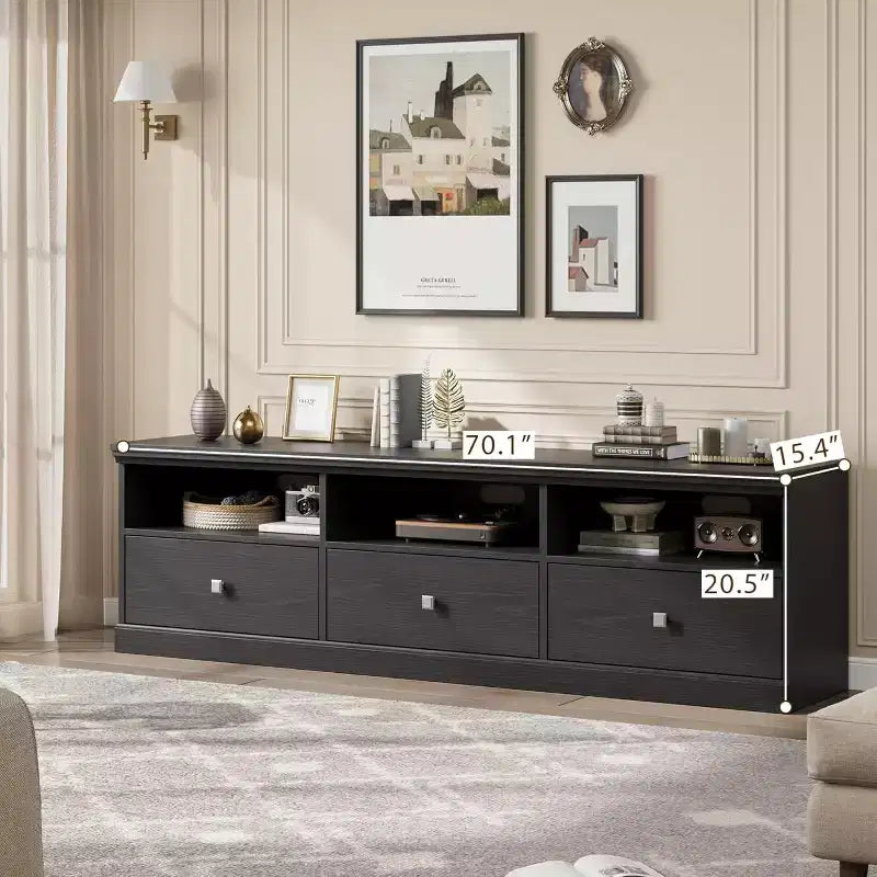 Meuble TV de 70 po de style moderne du milieu du siècle avec tiroir de rangement et étagères ouvertes