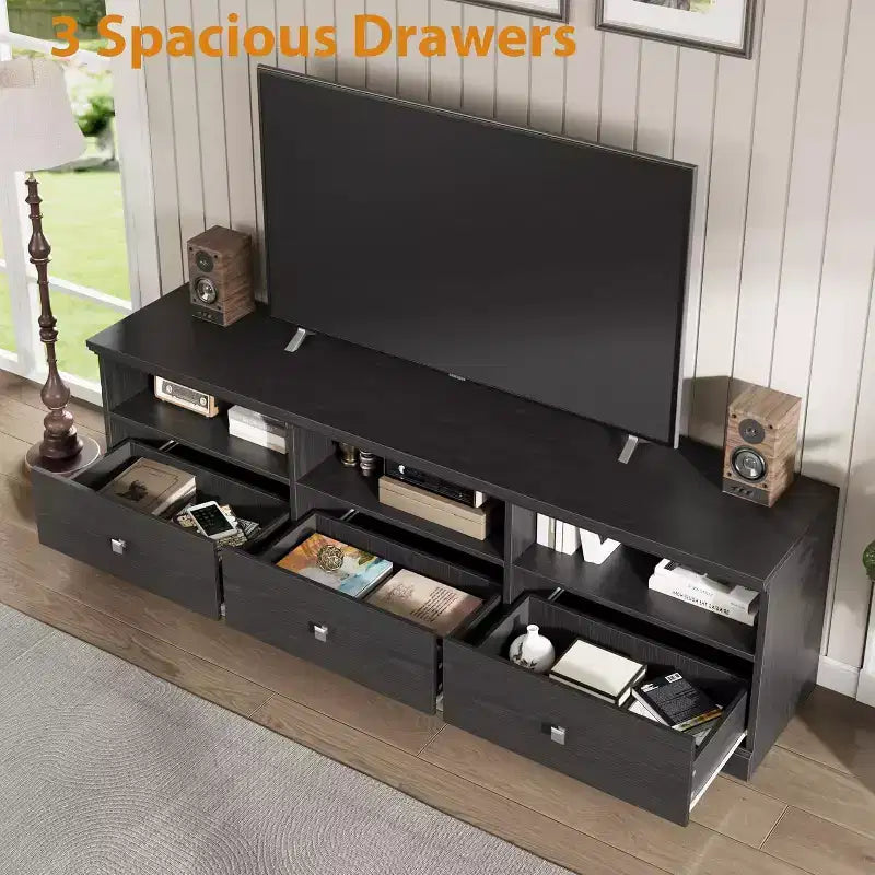 Meuble TV de 70 po de style moderne du milieu du siècle avec tiroir de rangement et étagères ouvertes