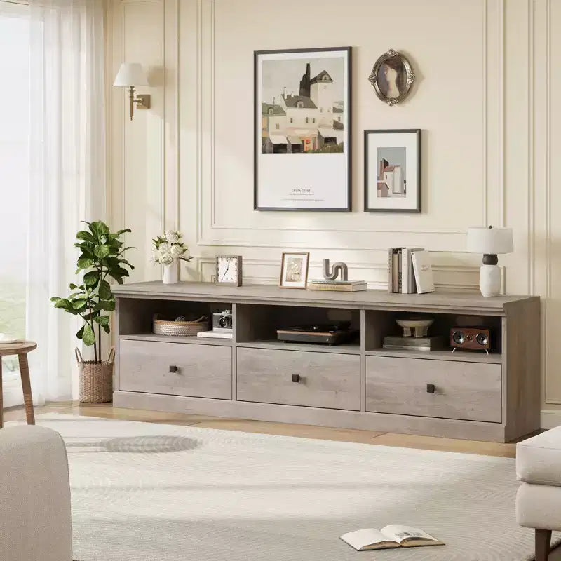Meuble TV de 70 po de style moderne du milieu du siècle avec tiroir de rangement et étagères ouvertes