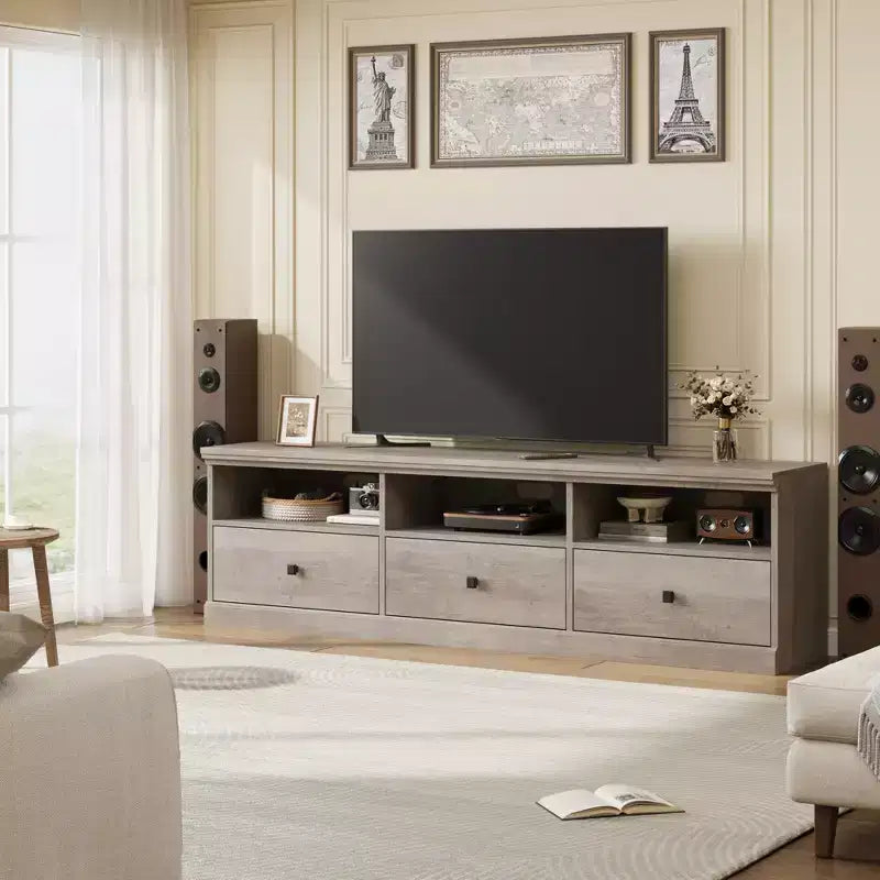Meuble TV de 70 po de style moderne du milieu du siècle avec tiroir de rangement et étagères ouvertes
