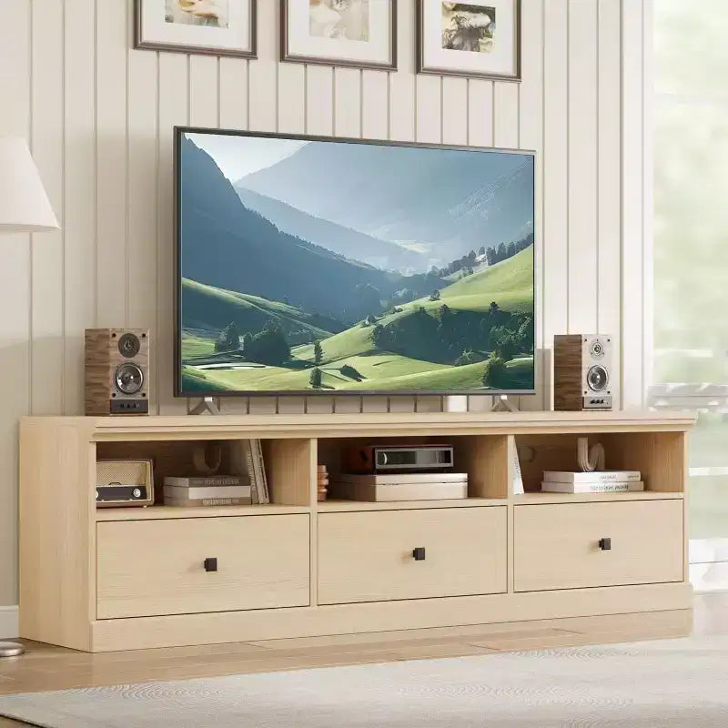 Meuble TV de 70 po de style moderne du milieu du siècle avec tiroir de rangement et étagères ouvertes