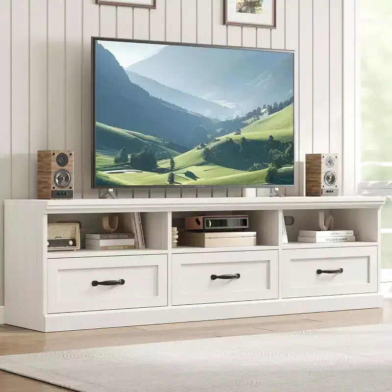 Meuble TV de 70 po de style moderne du milieu du siècle avec tiroir de rangement et étagères ouvertes
