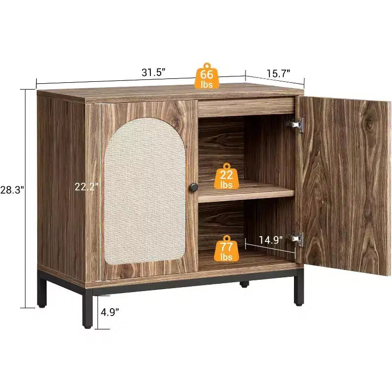 Buffet en rotin, buffet avec étagères réglables, armoire de rangement en bois pour salon, couloir