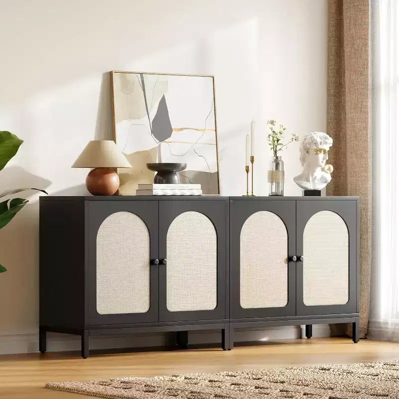 Buffet en rotin, buffet avec étagères réglables, armoire de rangement en bois pour salon, couloir