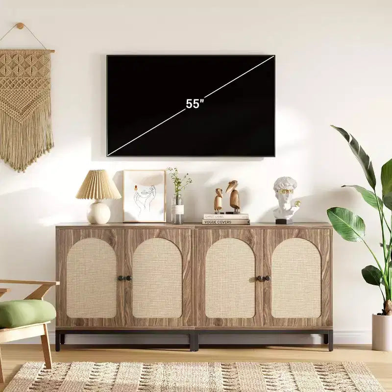 Buffet en rotin, buffet avec étagères réglables, armoire de rangement en bois pour salon, couloir