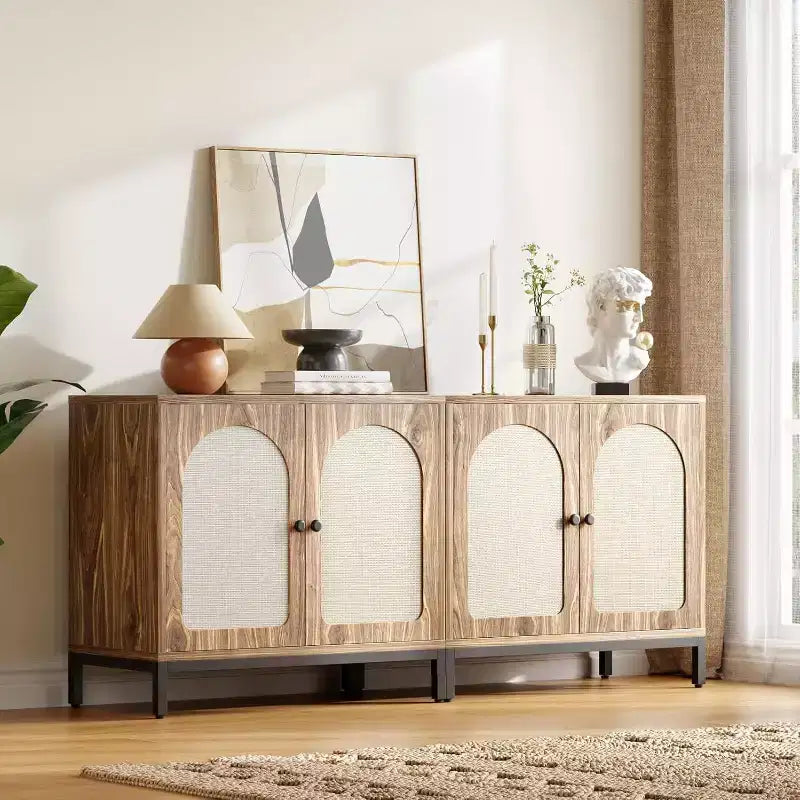 Buffet en rotin, buffet avec étagères réglables, armoire de rangement en bois pour salon, couloir