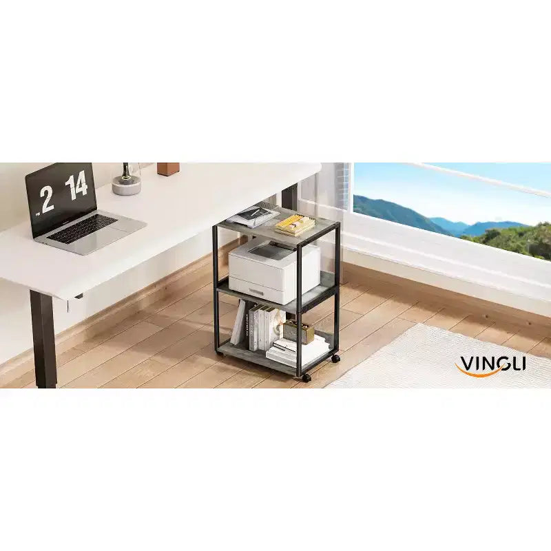 Meuble d'appoint à roulettes 3 niveaux pour imprimante avec rangement - Chêne