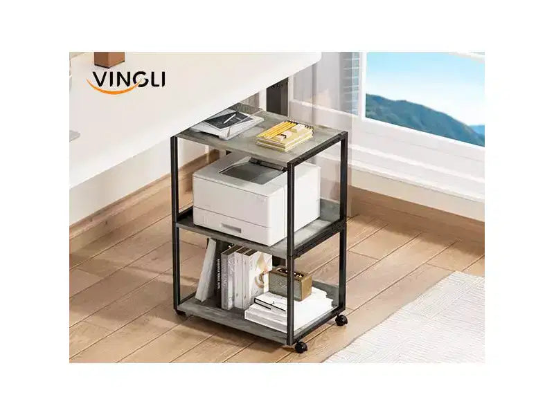 Meuble d'appoint à roulettes 3 niveaux pour imprimante avec rangement - Chêne