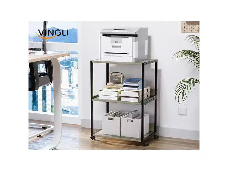 Meuble d'appoint à roulettes 3 niveaux pour imprimante avec rangement - Chêne