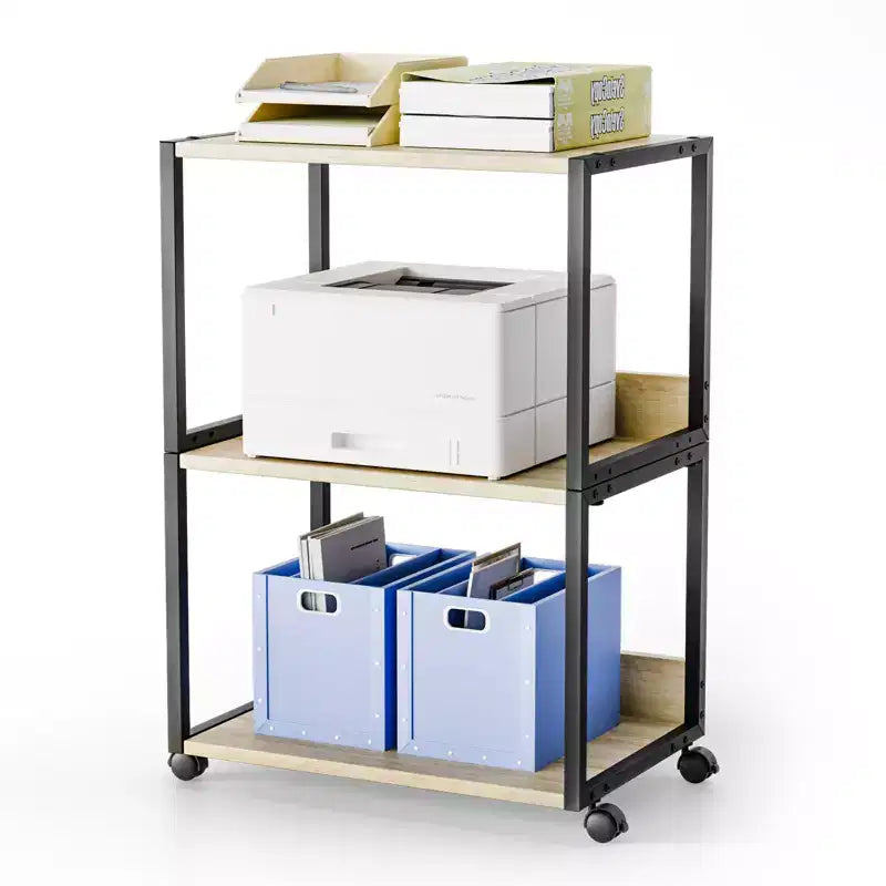 Meuble d'appoint à roulettes 3 niveaux pour imprimante avec rangement - Chêne