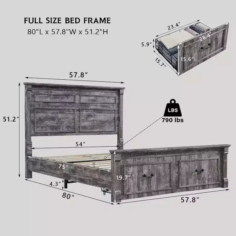 Cadre de lit double Mastgoal avec tête de lit de 130 cm, pied de lit romain de 50 cm, 2 grands tiroirs de rangement, sommier tapissier non nécessaire