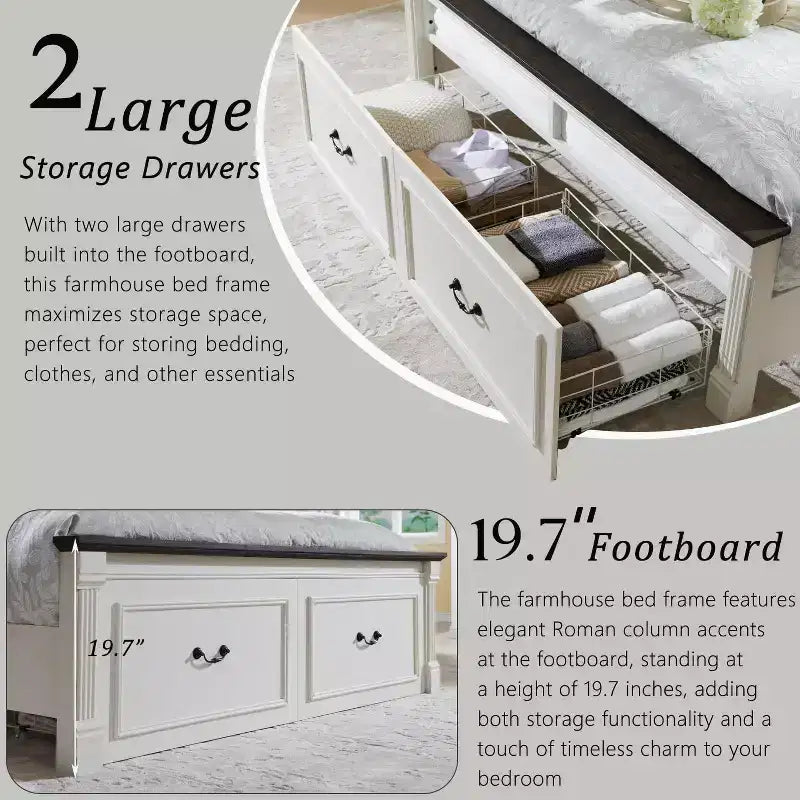 Cadre de lit double Mastgoal avec tête de lit de 130 cm, pied de lit romain de 50 cm, 2 grands tiroirs de rangement, sommier tapissier non nécessaire