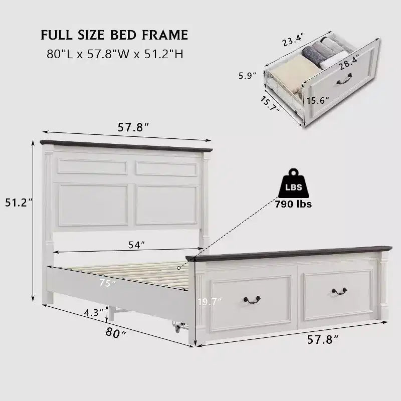 Cadre de lit double Mastgoal avec tête de lit de 130 cm, pied de lit romain de 50 cm, 2 grands tiroirs de rangement, sommier tapissier non nécessaire