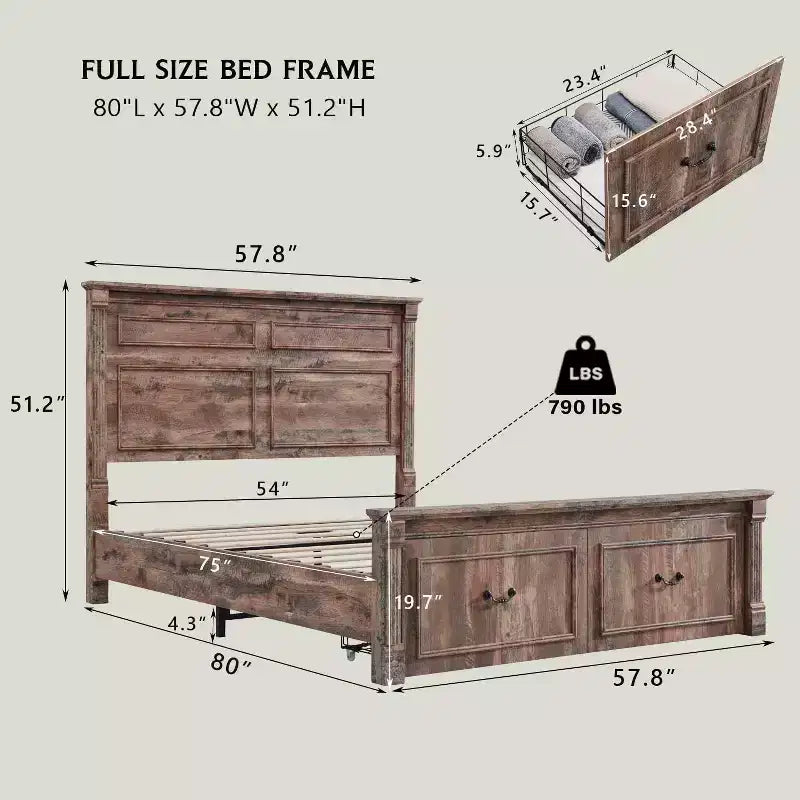 Cadre de lit double Mastgoal avec tête de lit de 130 cm, pied de lit romain de 50 cm, 2 grands tiroirs de rangement, sommier tapissier non nécessaire