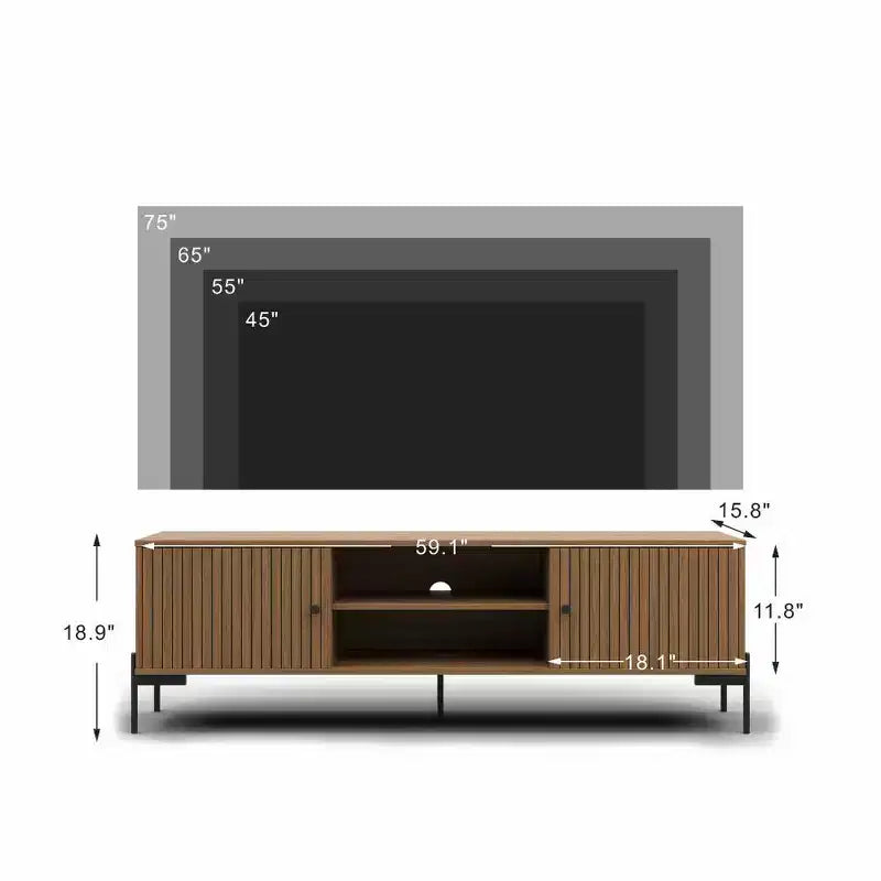Meuble TV moderne de 152 cm avec portes persiennes et rangements - Convient aux téléviseurs de 45 à 75 pouces