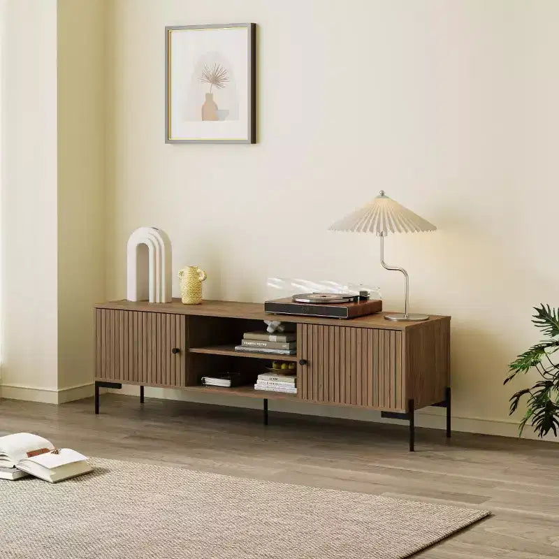 Meuble TV moderne de 152 cm avec portes persiennes et rangements - Convient aux téléviseurs de 45 à 75 pouces