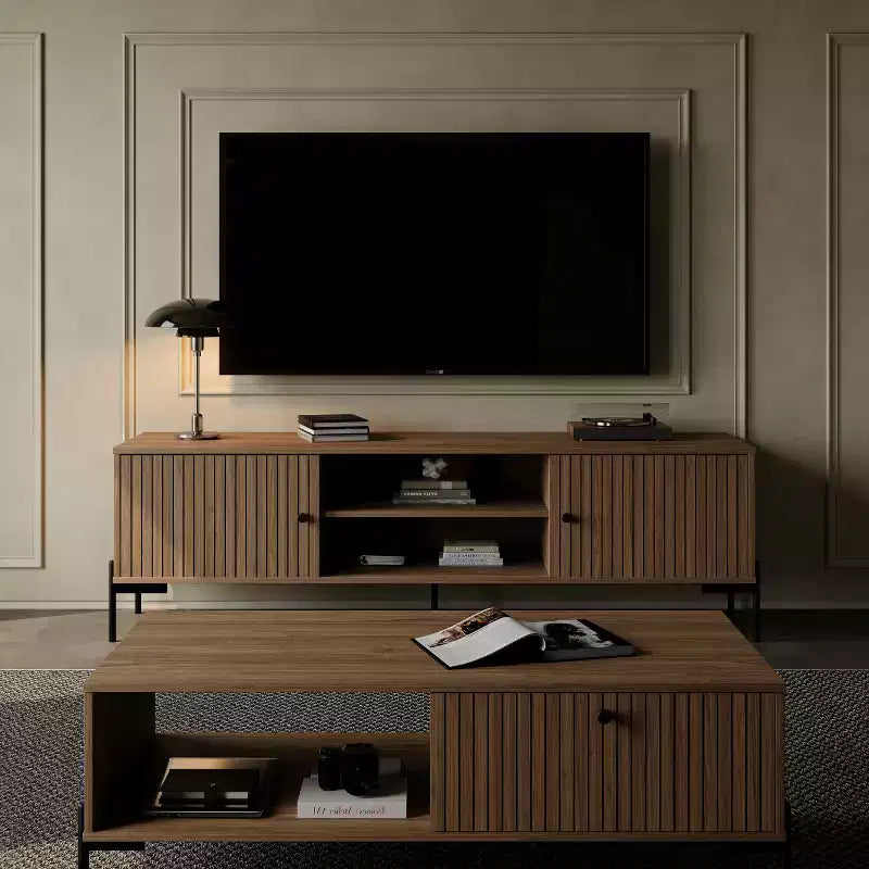 Meuble TV moderne de 152 cm avec portes persiennes et rangements - Convient aux téléviseurs de 45 à 75 pouces