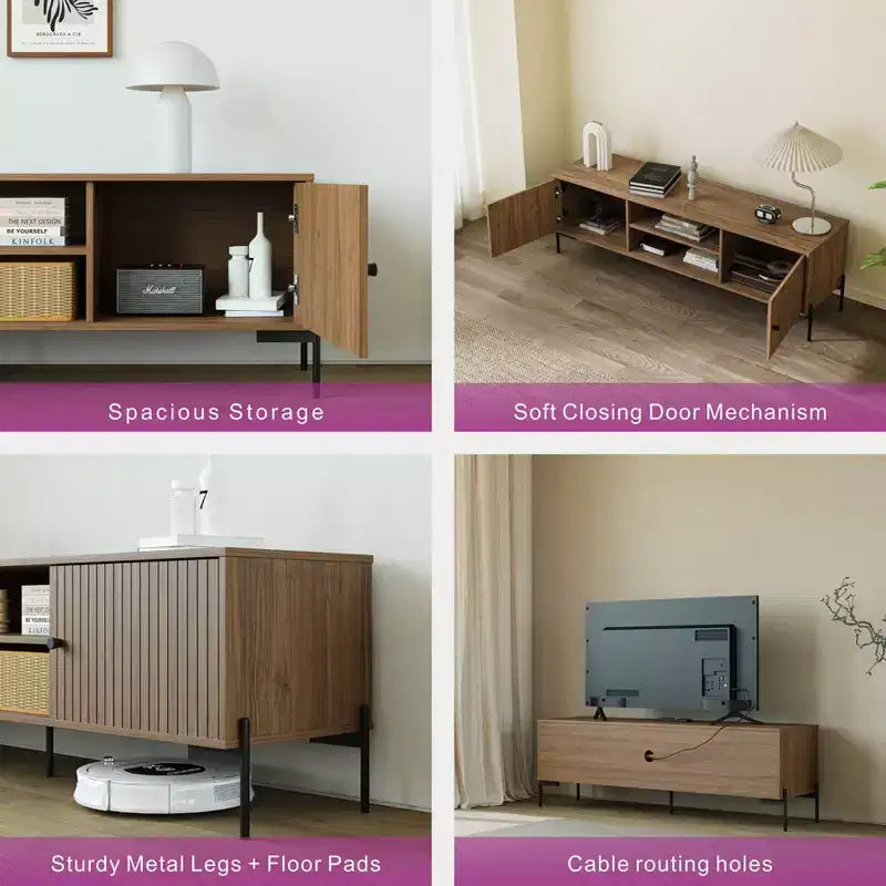 Meuble TV moderne de 152 cm avec portes persiennes et rangements - Convient aux téléviseurs de 45 à 75 pouces