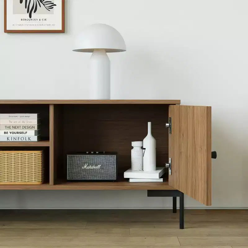Meuble TV moderne de 152 cm avec portes persiennes et rangements - Convient aux téléviseurs de 45 à 75 pouces