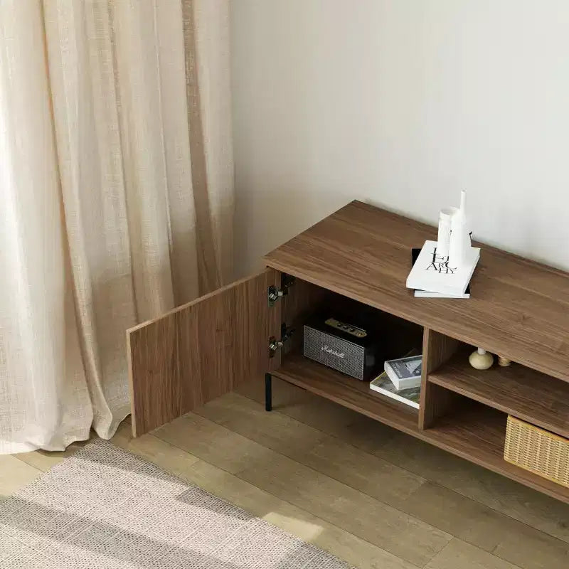 Meuble TV moderne de 152 cm avec portes persiennes et rangements - Convient aux téléviseurs de 45 à 75 pouces