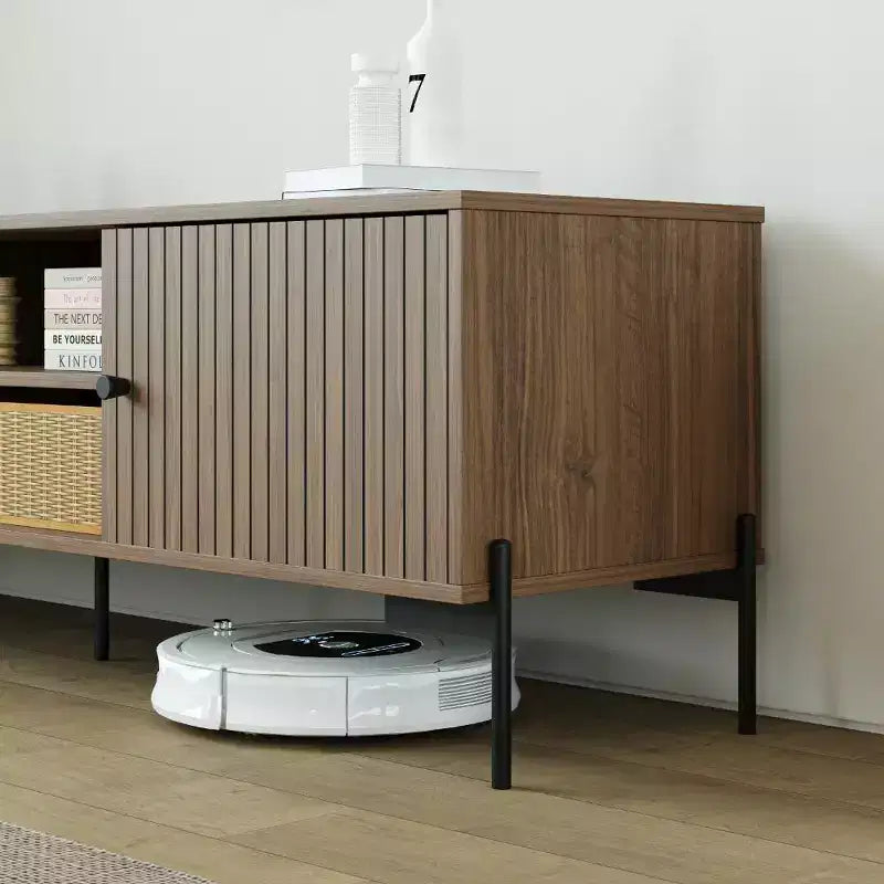 Meuble TV moderne de 152 cm avec portes persiennes et rangements - Convient aux téléviseurs de 45 à 75 pouces