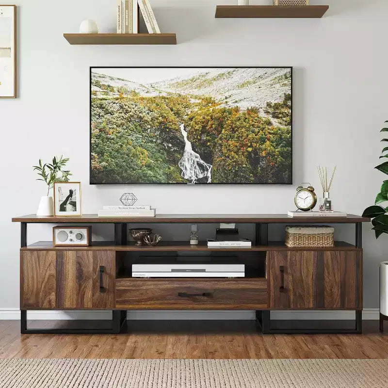 Meuble TV industriel de 75 pouces – Console multimédia moderne du milieu du siècle avec tiroir et placard de rangement, meuble TV de 70, marron rustique
