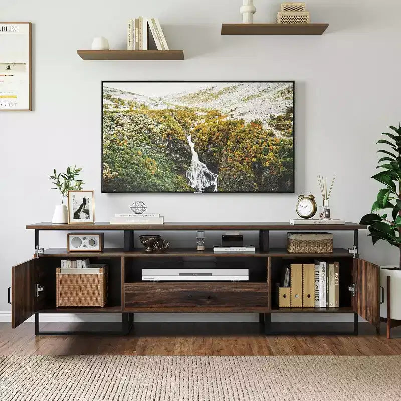 Meuble TV industriel de 75 pouces – Console multimédia moderne du milieu du siècle avec tiroir et placard de rangement, meuble TV de 70, marron rustique