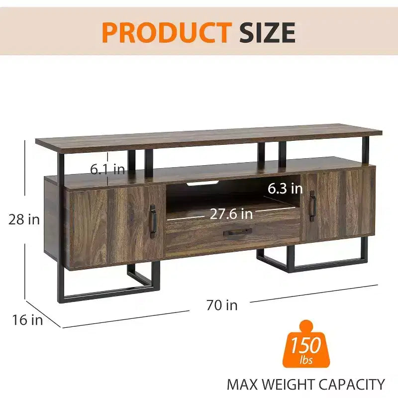 Meuble TV industriel de 75 pouces – Console multimédia moderne du milieu du siècle avec tiroir et placard de rangement, meuble TV de 70, marron rustique
